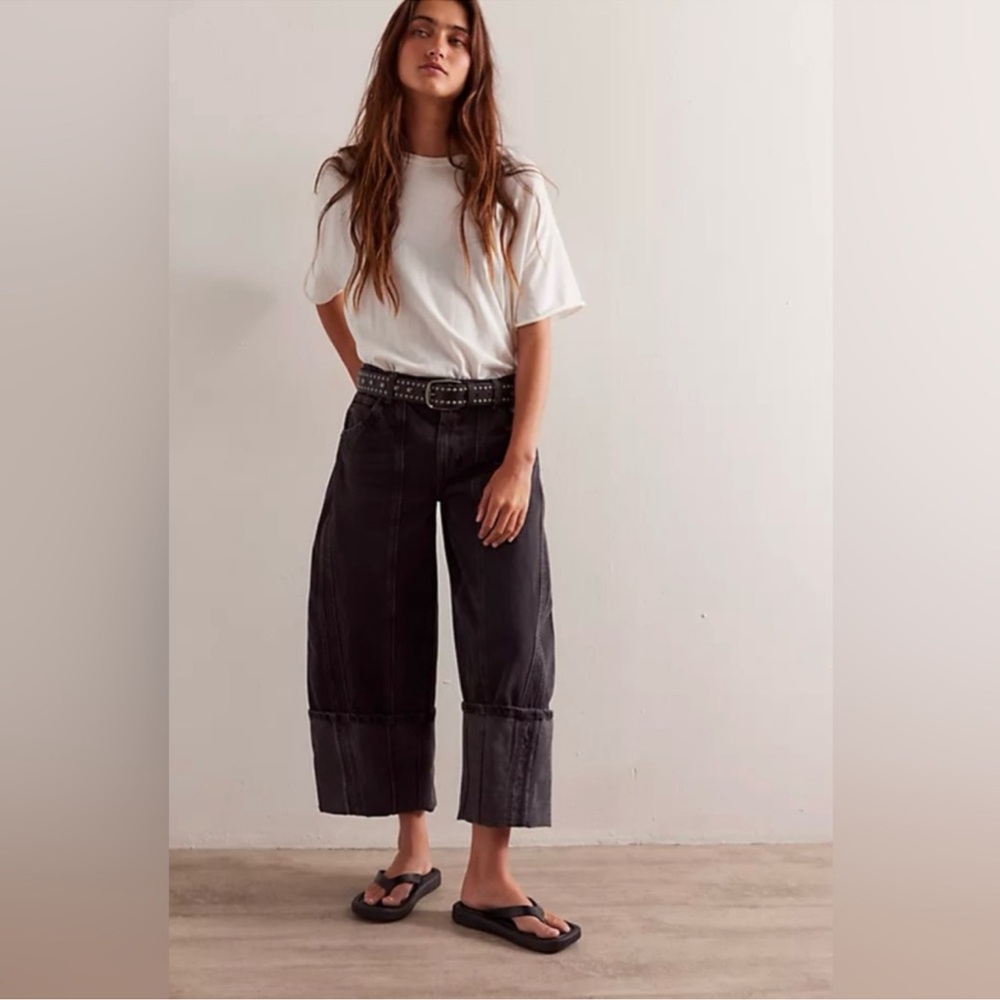 Free People Black Cropped Wide-Leg Jeans